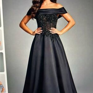 Jovani Strapless Black Gown with Beaded Bodice
